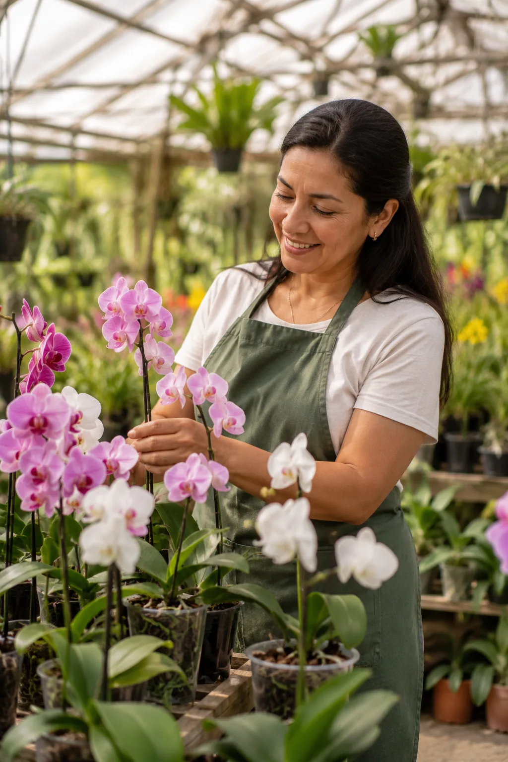 Cuidadora de Alma Botánica atendiendo orquídeas en el invernadero.