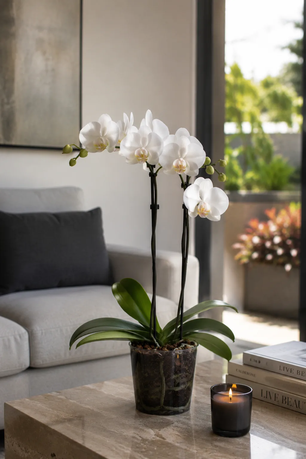 Orquídea phalaenopsis decorando una sala de hogar.