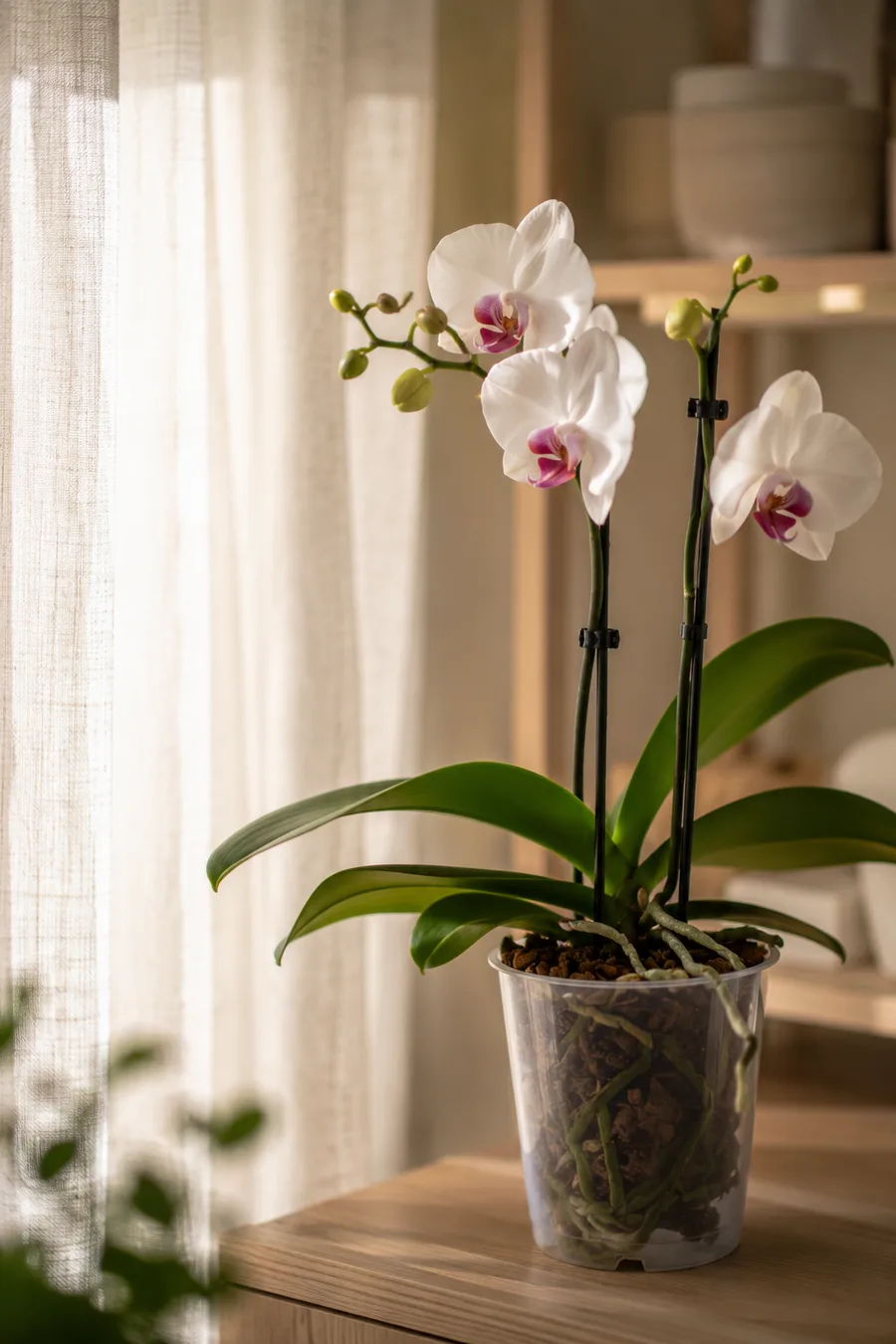 Orquídea junto a una ventana recibiendo luz natural indirecta.