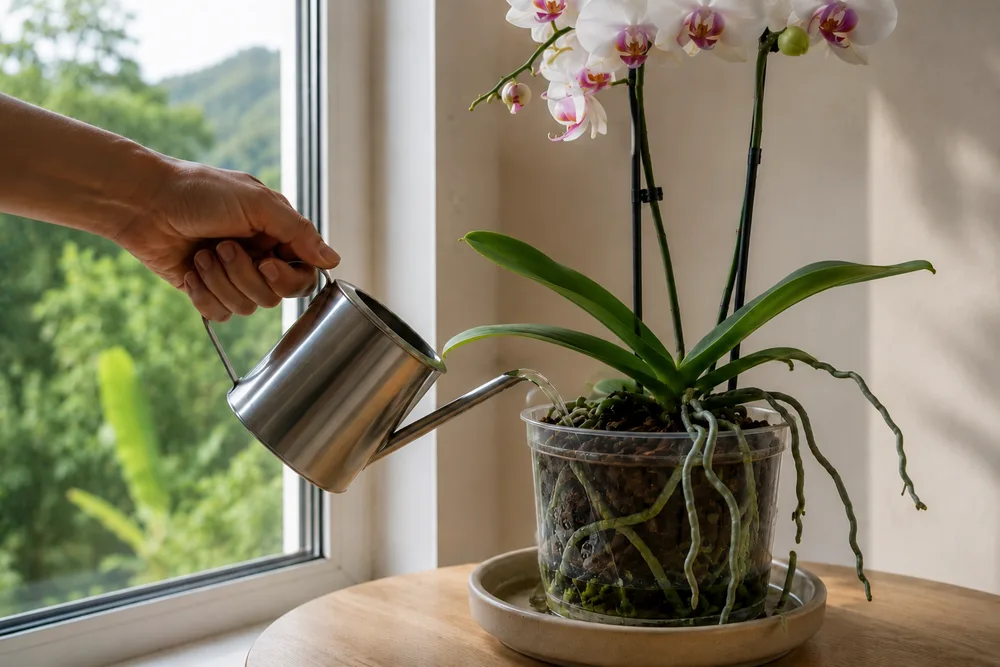 Riego de una orquídea con una regadera.