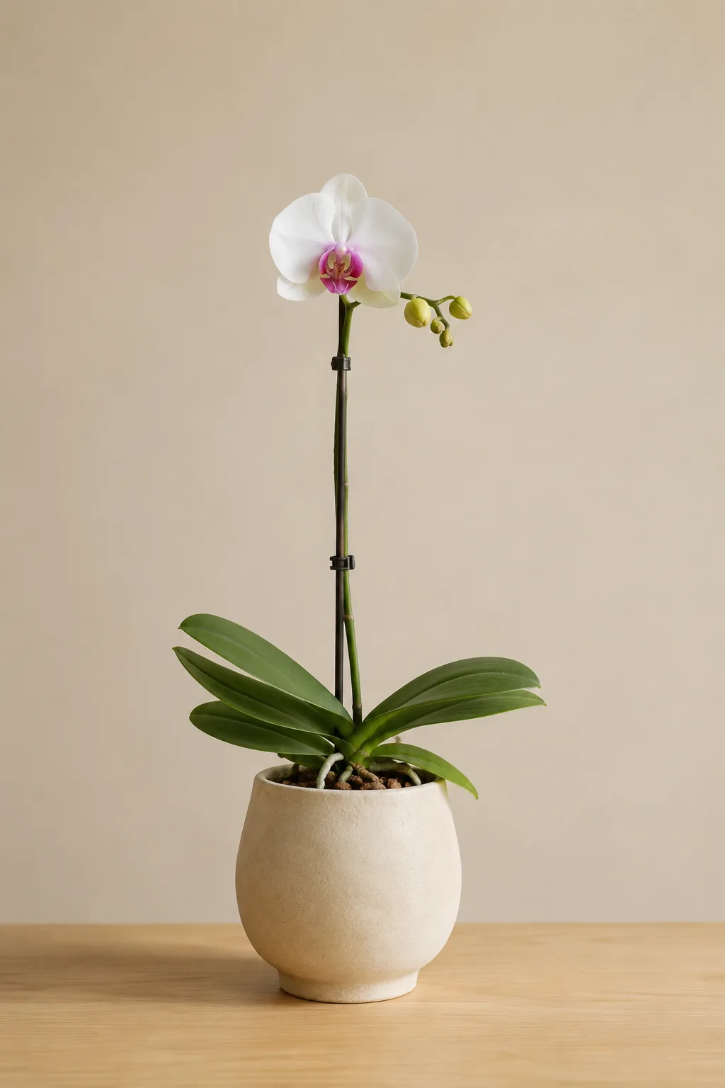 Orquídea phalaenopsis blanca cultivada por Alma Botánica en una maceta de cerámica.